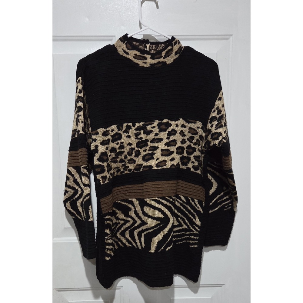 Cherie Vtg Animal Print Leopard & Zebra Colorblock Mock Neck Sweater Women M